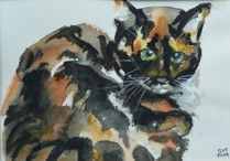 watercolour portrait of a tortoiseshell cat