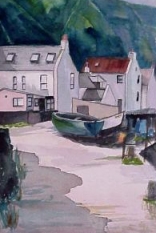 watercolour painting of a fishing village