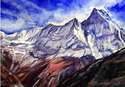 watercolour painting of the Himalayas