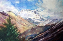 watercolour painting of the Himalayas